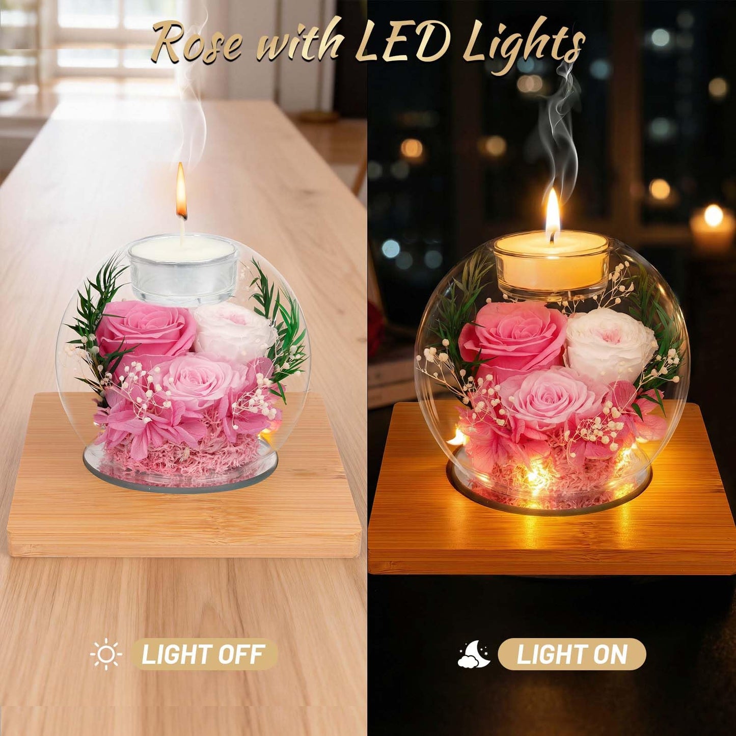 ENERLEAF Preserved Pink Real Rose in Glass with Scented Candles – Forever Flower Romantic Anniversary Christmas Birthday Valentines for Mom, Women, Wife, Girlfriend, Her, Grandma
