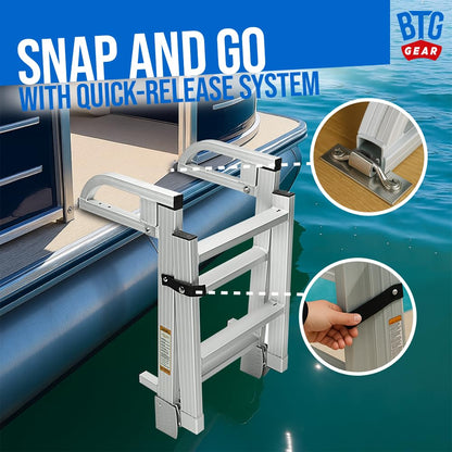 BTG Gear 4-Step Marine Grade Aluminum Pontoon Boat Folding Ladder removable, w/ Quick Release Clips for Boarding, extends up to 42"