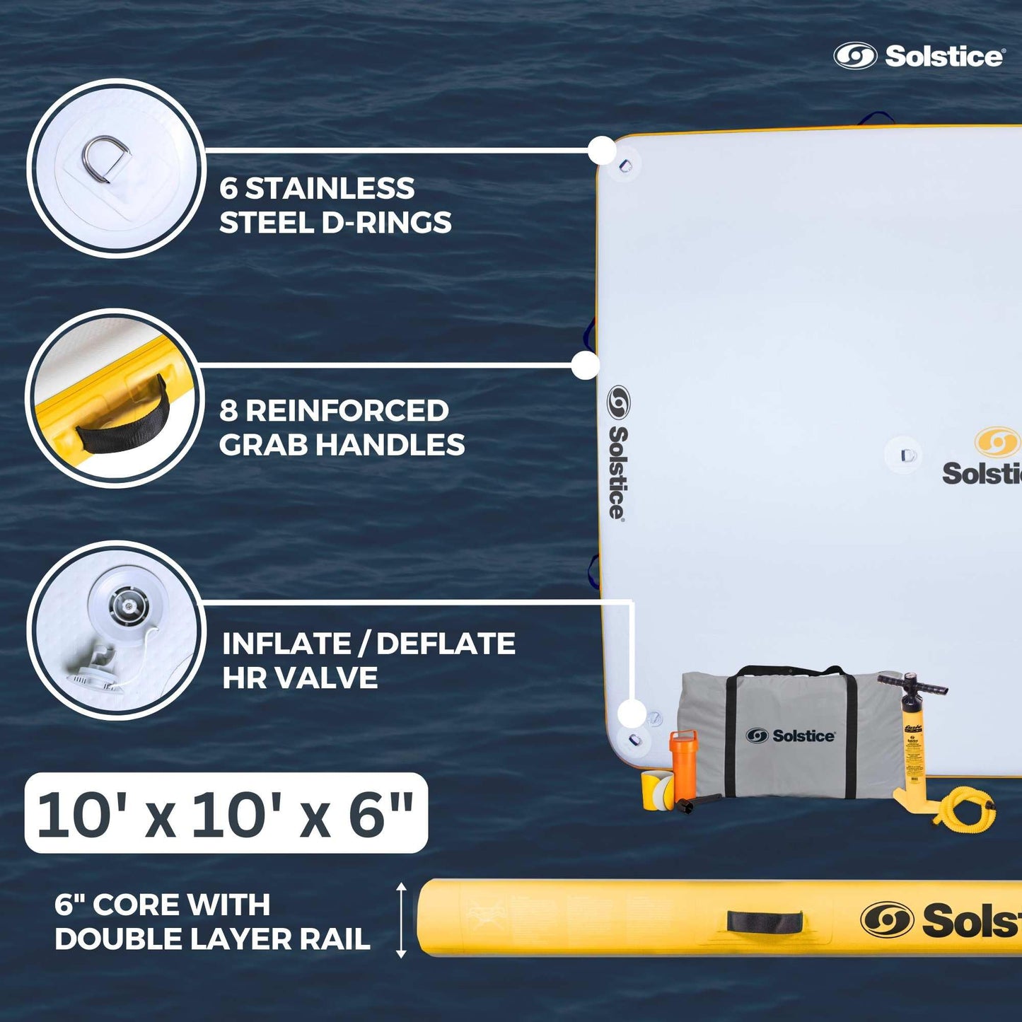SOLSTICE 10-Person Classic Inflatable Dock, Floating Water Raft Platform, 10ft x 10ft - Outdoor Fun for Lake, River, Swimming Pool & Beach, Includes Carry Bag & Repair Kit