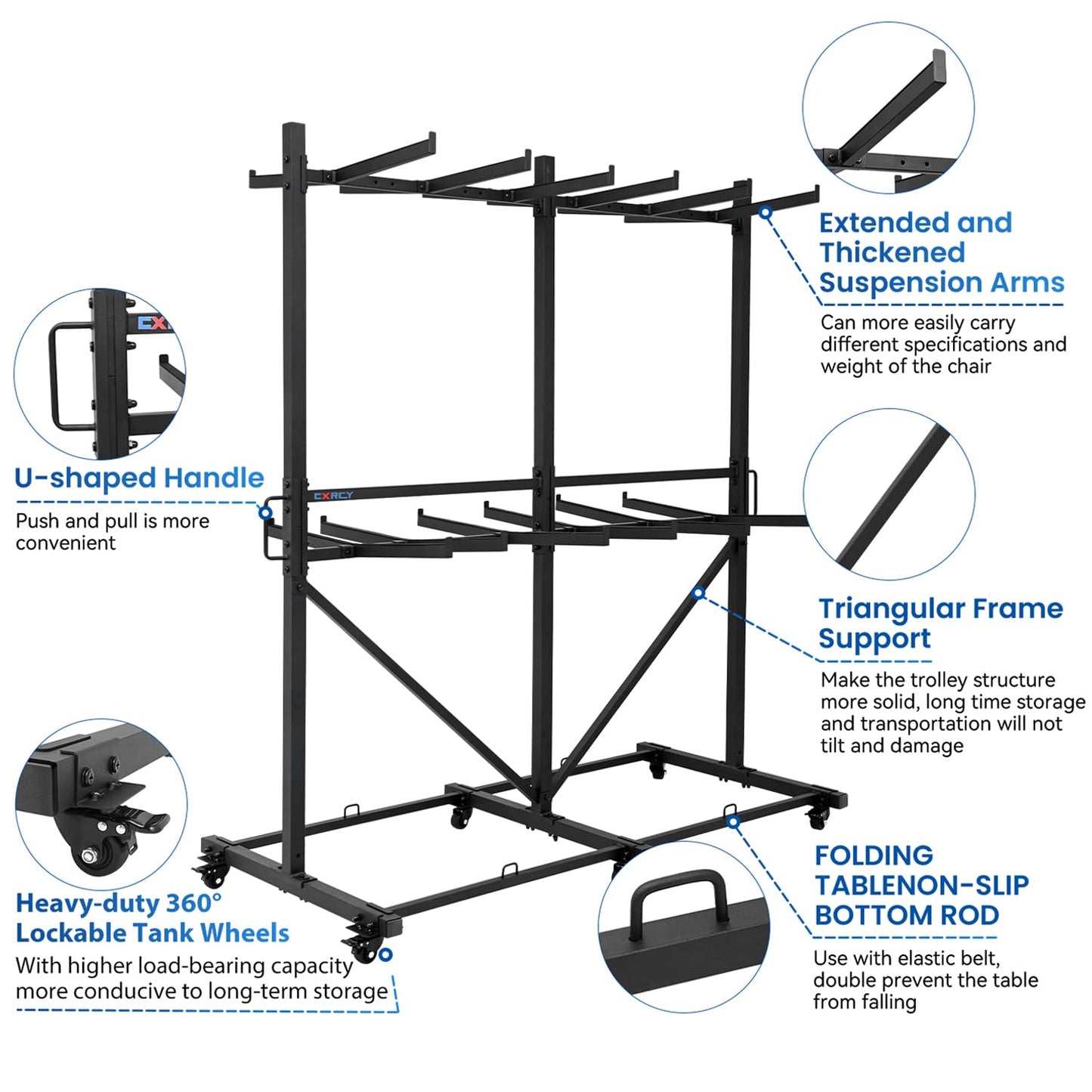 CXRCY Folding Chair Rack, Heavy-Duty Two Tier Folding Chairs Cart with 6 Tank Wheels, 800LBS Capacity for 84 Chairs or 12 Tables, 2 Elastic Band, Dust Cover