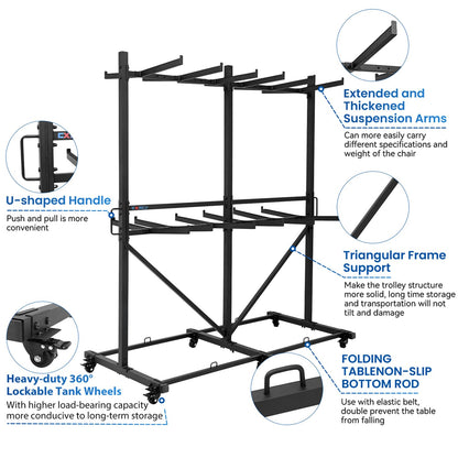 CXRCY Folding Chair Rack, Heavy-Duty Two Tier Folding Chairs Cart with 6 Tank Wheels, 800LBS Capacity for 84 Chairs or 12 Tables, 2 Elastic Band, Dust Cover