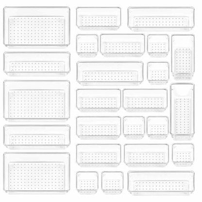 ChefktCove 25-Piece Clear Plastic Drawer Organizer Set, 4-Size Versatile Storage Bins & Trays | Non-Slip Bathroom, Vanity, Kitchen, Office & Bedroom Drawer Organizers for Makeup, Jewelry, Utensils & M