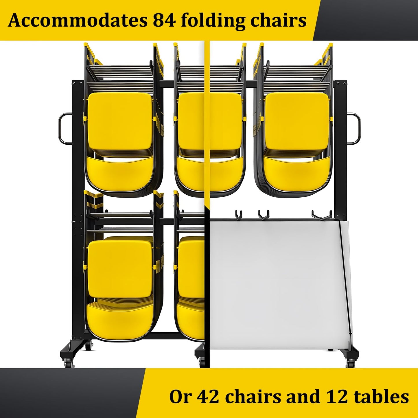 Folding Chair Cart, Two Tier Folding Chair Rack with Locking Wheels, Chair Holders for Storage, Chair Storage Rack, Holder for 84 Chairs, with Watherprooft Cover & Elastic Straps