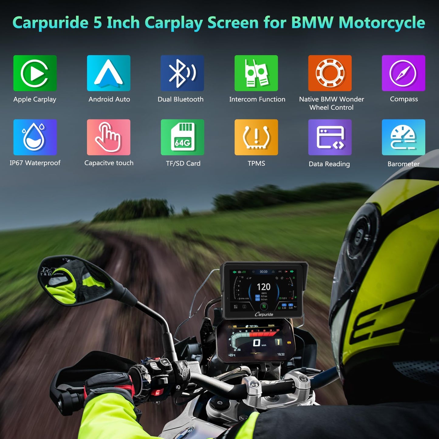 CARPURIDE W502BS for BMW Motorcycle CarPlay & Android Auto Dual Bluetooth, 5" Waterproof GPS Navigation Screen, Data Reading, Native Wonder, TPMS, Light Sensor, Music Sharing, Intercom, 16-Pin
