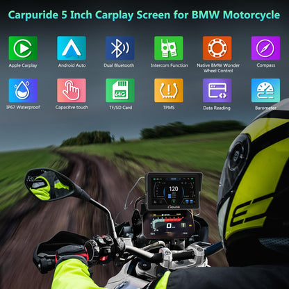 CARPURIDE W502BS for BMW Motorcycle CarPlay & Android Auto Dual Bluetooth, 5" Waterproof GPS Navigation Screen, Data Reading, Native Wonder, TPMS, Light Sensor, Music Sharing, Intercom, 16-Pin