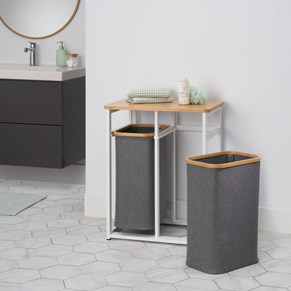 TRINITY EcoStorage Bamboo Wood Laundry Organizer Station with Folding Shelf and 2 Pull-Out Removeable Hamper Bags, White