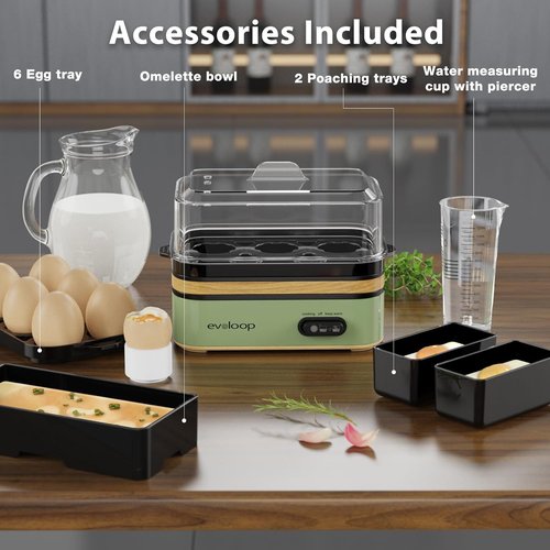 Evoloop Electric Egg Cooker - 6 Egg Capacity, Soft/Medium/Hard Boiled & Omelet Maker - BPA Free (Green)