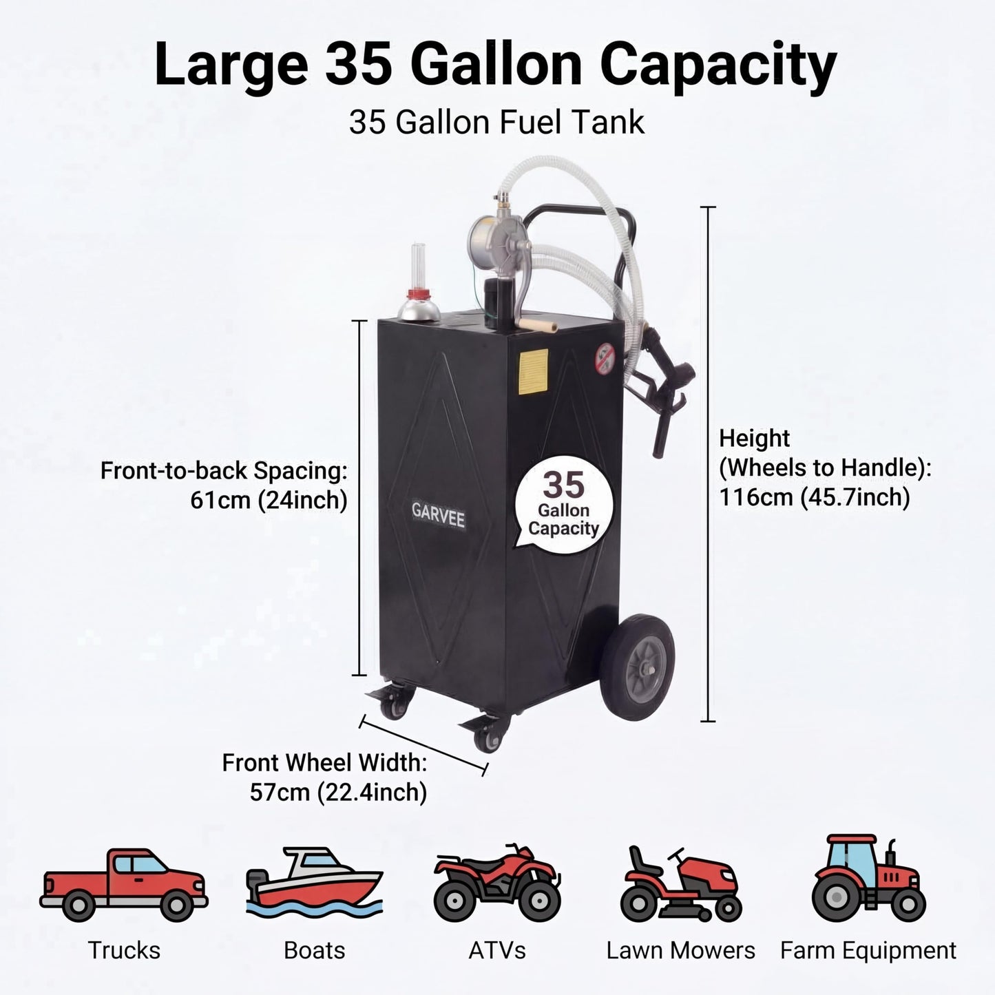 GarveeTech 35 Gallon Fuel Caddy with Manual Pump, Portable Fuel Transfer Tank on Wheels, Heavy Duty Gasoline & Diesel Storage Container for Trucks, Boats, ATVs, Lawn Mowers, Farm Equipment - Black