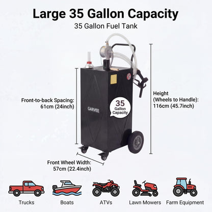 GarveeTech 35 Gallon Fuel Caddy with Manual Pump, Portable Fuel Transfer Tank on Wheels, Heavy Duty Gasoline & Diesel Storage Container for Trucks, Boats, ATVs, Lawn Mowers, Farm Equipment - Black