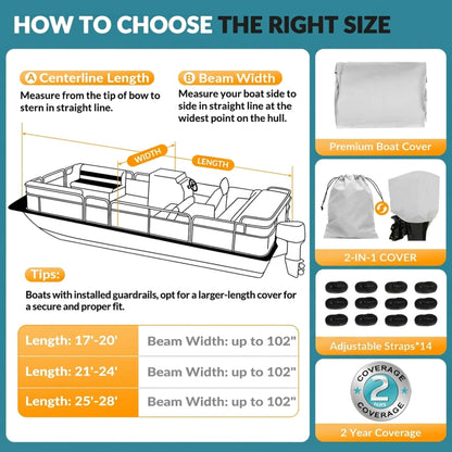 1200D Waterproof Pontoon Boat Cover with Metal Buckles,Solution-Dye Marine Canvas Trailerable Boat Cover 17-20ft for Pontoon Boat with Motor Cover,Gray