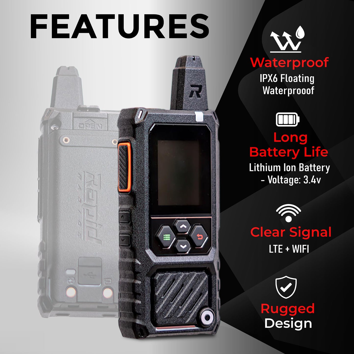 Rapid Radios RAD1 2-Pack Waterproof Rugged LTE + Wi-Fi Push-to-Talk Radio Nationwide Communication, IPX6 Weatherproof, Long Battery Life, Paging & Group Talk, PTT Radio