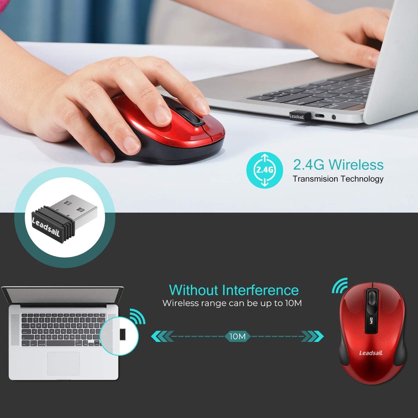 LeadsaiL Wireless Computer Mouse, 2.4G Portable Slim Cordless Mouse Less Noise for Laptop Optical Mouse with 4 Buttons for Laptop, Desktop, MacBook