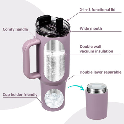 Pawtong 40oz Insulated Tumbler with 2-in-1 Lid and Straw, Bottom Detachable 2-in-1 Tumbler with Handle Stainless Steel Water Bottle Reusable Coffee Tumbler Travel Mug Wide Mouth Thermal Cup (Purple)