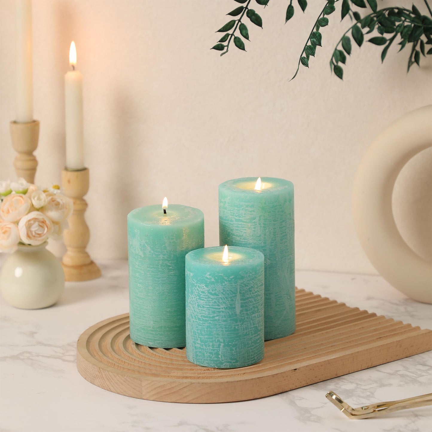 Turquoise Pillar Candles Set of 3 - Hand-Poured Unscented Candles,Smokeless Dripless Candles for Dinner Table and Home, Set of 3 in Different Sizes (3"x4", 3"x5", 3"x6")
