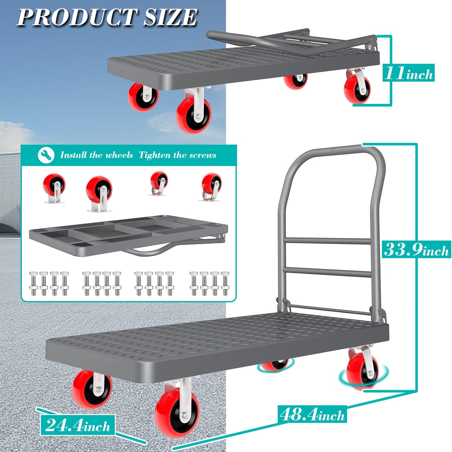 Platform Truck Foldable Flatbed Cart 24'' x 48'' Heavy Duty Push Cart Dolly 2600LBS Capacity Large Platform Cart w/ 5'' Swivel Wheels for Groceries, Garage, Warehouse
