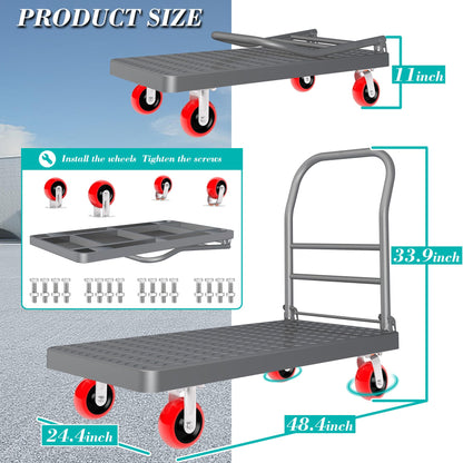 Platform Truck Foldable Flatbed Cart 24'' x 48'' Heavy Duty Push Cart Dolly 2600LBS Capacity Large Platform Cart w/ 5'' Swivel Wheels for Groceries, Garage, Warehouse