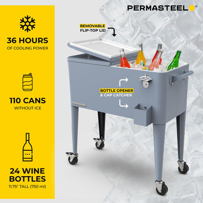 Permasteel Party Cooler with Divider, Spacious 80-Qt Capacity, Chills 36hrs, Serving Tray, Rolling Ice Chest for Indoor and Outdoor Entertainment, Matte Blue