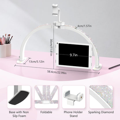Yokilly Half Moon Nail Desk Lamp - 23in Foldable with Phone Holder, 3 Color Modes, 10 Brightness Levels, Small, Crystal Diamond