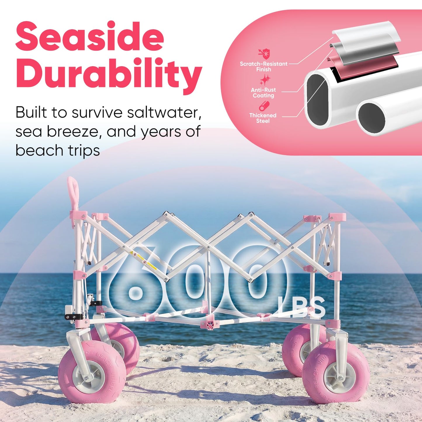 Sekey Heavy Duty Beach Wagon with 9" Big Sand-Proof Wheels – 600lb Capacity, 200L Oversized Foldable Cart | Adjustable Handle & All-Terrain Tires for Sand, Camping, Groceries
