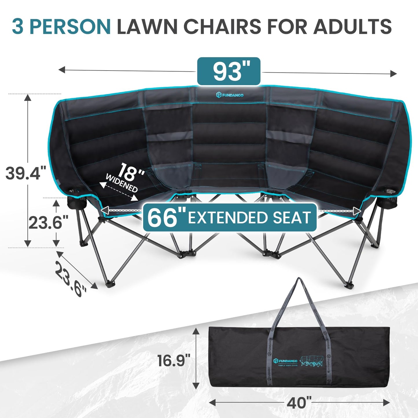 FUNDANGO Extra Wide 3 Person Camping Chair for Adults with Cooler, 1000 LBS Heavy Duty Oversized Camp Couch, Padded Folding Seat with Cup Holders for Outdoor, Sports & Lawn