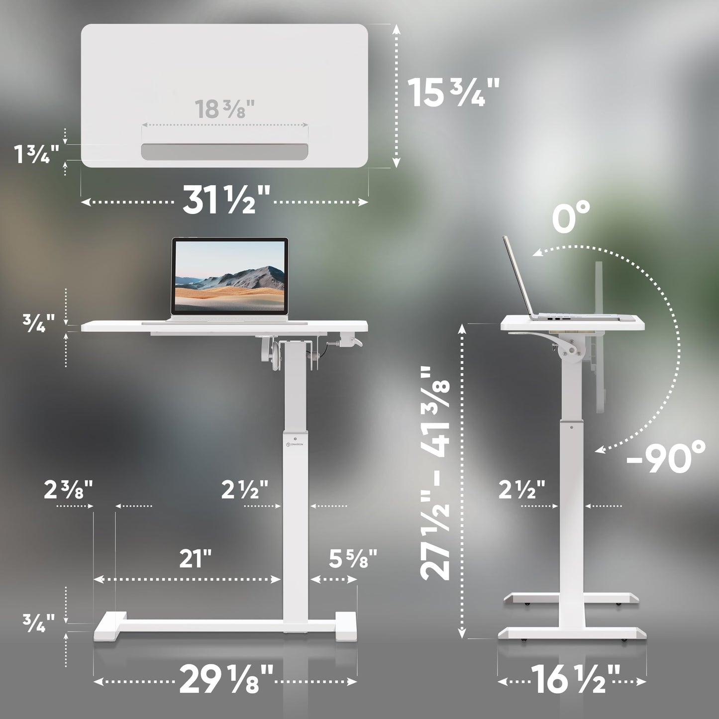 ONKRON Laptop Cart on Wheels, max Load 17.6 lbs, Small Rolling Table with Hidden Wheels, Mobile Standing Desk Adjustable Height, 90° Tilting Portable Workstation, Overbed Bedside Desk White