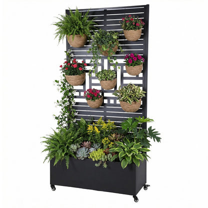 FASDRESS Metal Planter Box with Trellis Standing Planter Box for Climbing Plants/Vines Raised Garden Bed On Wheels 70.87x35.43x15.75 Inch (01)