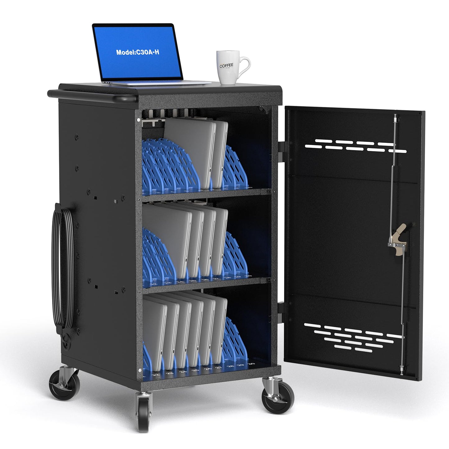 Pochar 30 Devices Laptop Charging Cart for Chromebook, iPad, 14'' Tablets - Charging Storage Cart for Classroom with Cable Management & Grounding Protection, Assembly Required