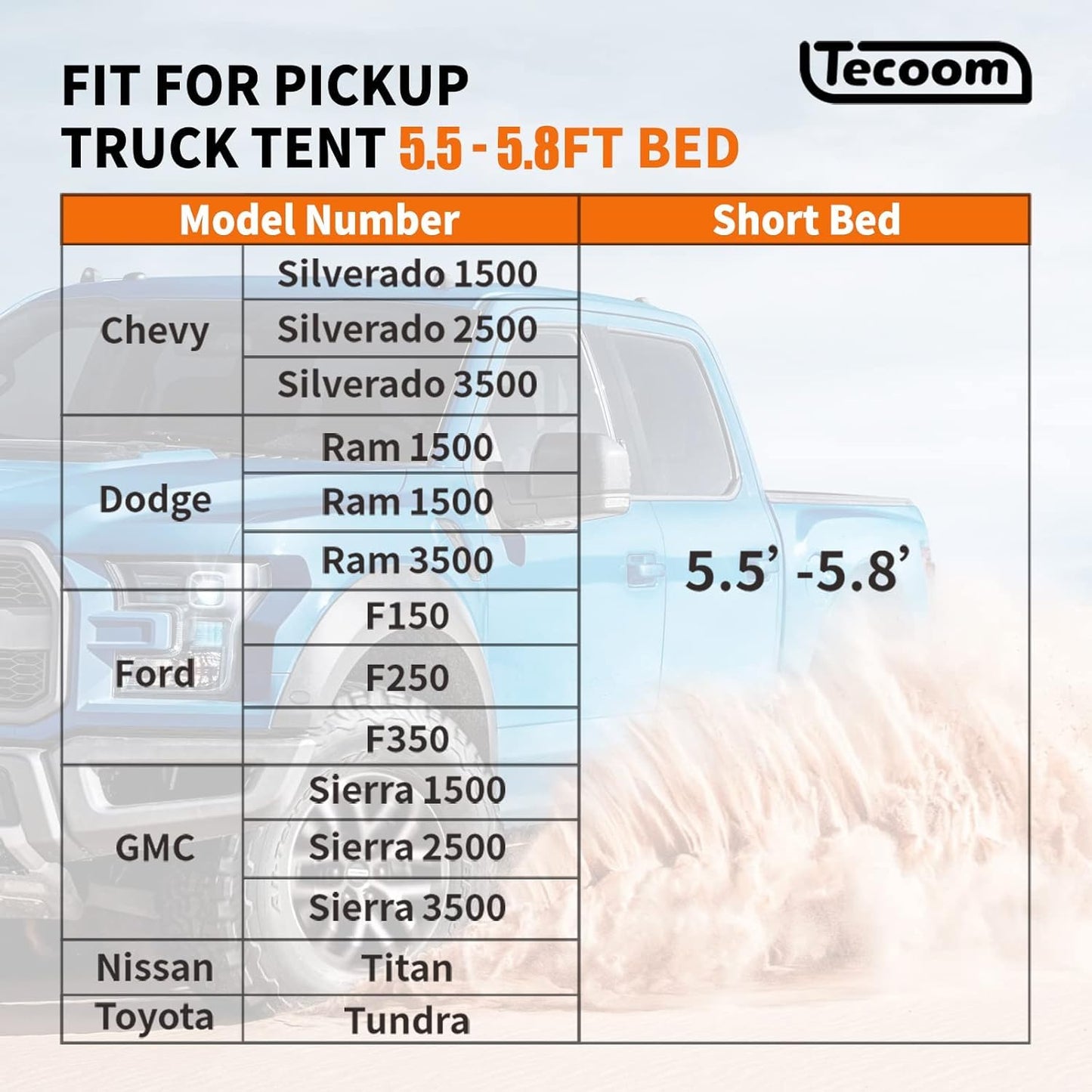 Tecoom Truck Tent Waterproof PU3000mm Double Layer for 5.5-5.8ft Pickup Bed, Portable 2 Person Compact Full Size Bed for Back of Truck Camping Beach Tent with Rain Fly
