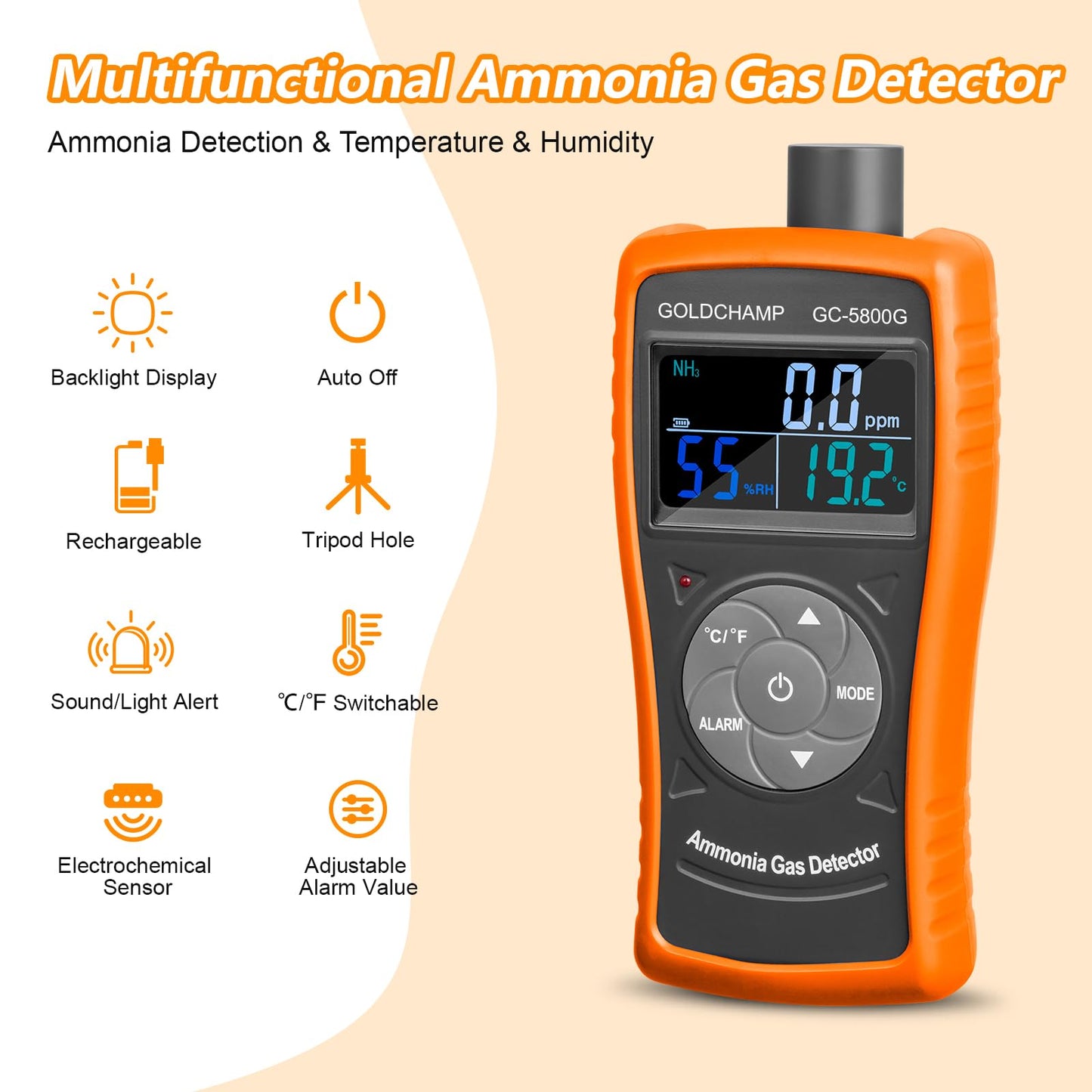 GOLDCHAMP Ammonia Gas Detector 0~100ppm NH3 Monitor with 0.1ppm Resolution, Temperature(℉/℃), Humidity, LCD Display, Double Alarm, Tripod Hole for Farm, Poultry, Pig & Livestock
