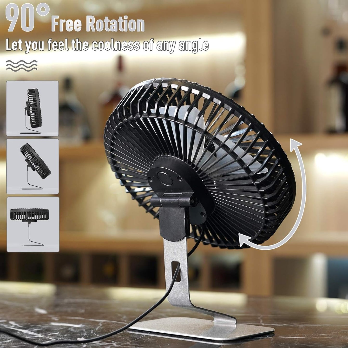 SLENPET USB Mini Desk Fan - 6 Inch Ultra-Quiet, 4 Speeds, 90° Adjustable, Portable Silver Fan for Home Office