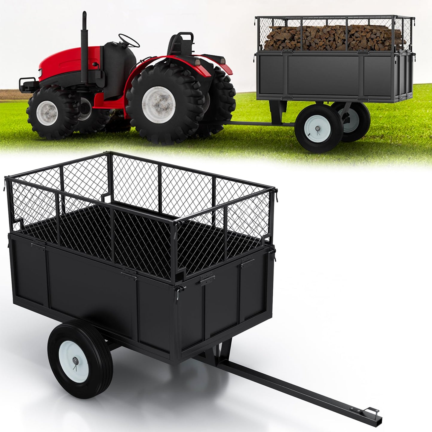 GAOMON Heavy Duty Utility Trailer for ATV/UTV, 750lbs Capacity Garden Dump Cart, Removable Sides, Pneumatic Tires, Hitch Compatible Pull-Behind Yard Cart for Lawn Mower, Tractor, Farm