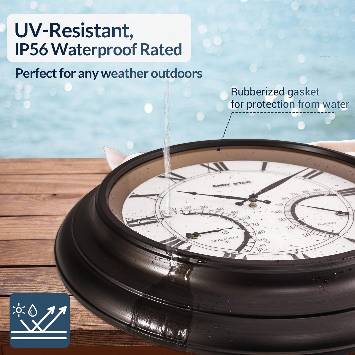 ANDY STAR 24 Inch Outdoor Clocks Waterproof,Large Outdoor Wall Clocks for Patio with Thermometer, Weatherproof Illuminated Clock Battery Operated with Thermometer&Hygrometer,Oil Rubbed Bronze Black