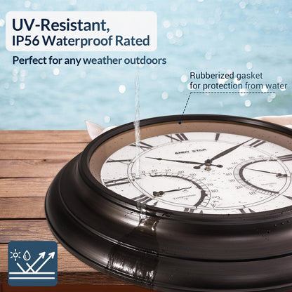 ANDY STAR 24 Inch Outdoor Clocks Waterproof,Large Outdoor Wall Clocks for Patio with Thermometer, Weatherproof Illuminated Clock Battery Operated with Thermometer&Hygrometer,Oil Rubbed Bronze Black