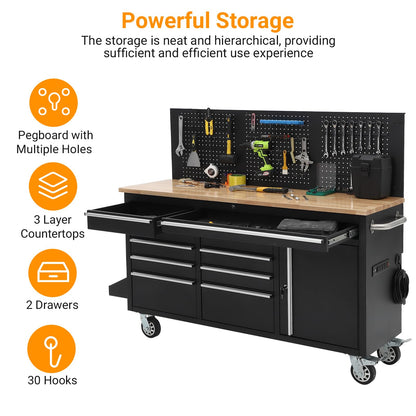 61-inch Rolling Tool Chest, 10 Drawers Garage Workbench Storage Tool Cabinet with Power Strip, Solid Rubber Wood Top, 1675 LBS Load Mobile Workstation, Heavy Duty Rolling Cabinet