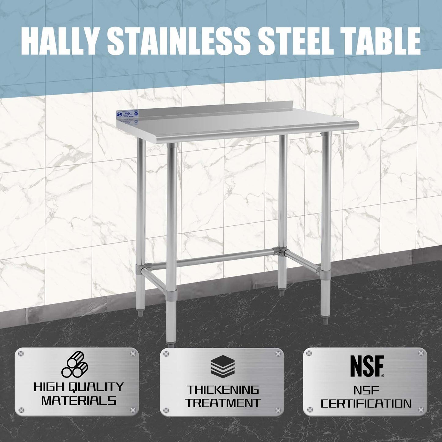 Hally Open Base Stainless Steel Table 24 x 36 Inches, NSF Commercial Heavy Duty Prep & Work Table with Backplash and Galvanized Legs for Restaurant, Home and Hotel