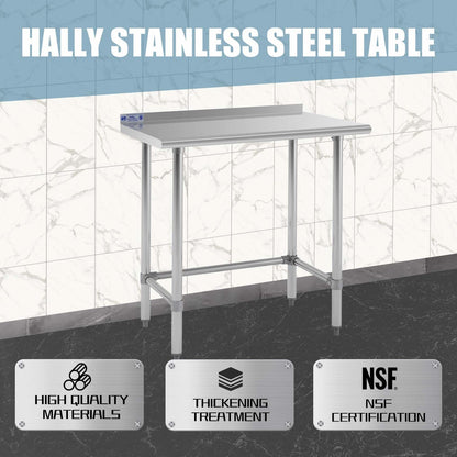 Hally Open Base Stainless Steel Table 24 x 36 Inches, NSF Commercial Heavy Duty Prep & Work Table with Backplash and Galvanized Legs for Restaurant, Home and Hotel