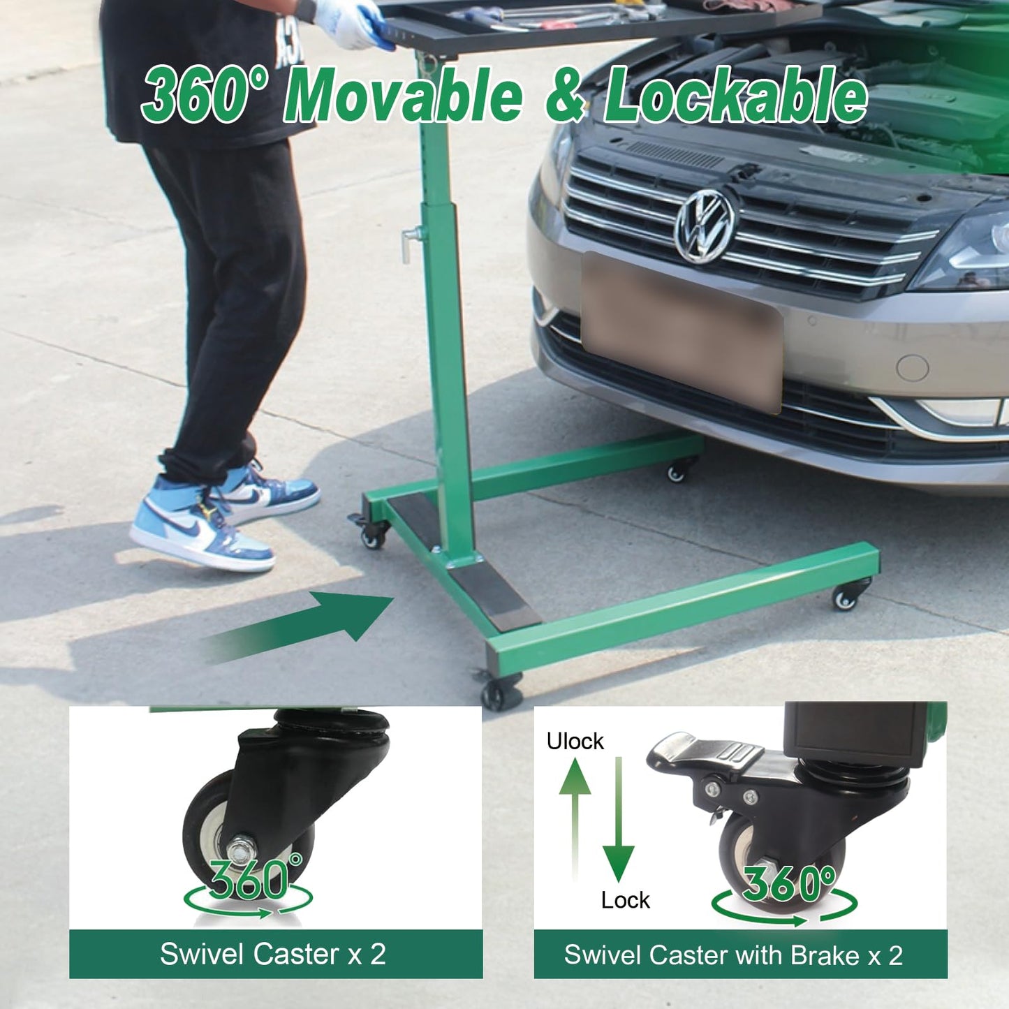 Adjustable Height Mobile Work Table, Foldable Table with Heavy Duty Steel, Rolling Tool Cart with Brakes for Garage Repair Shops DIY
