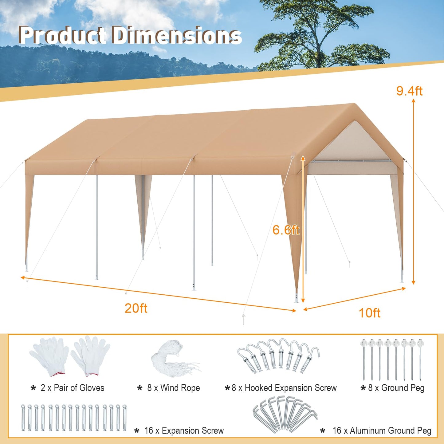 Tangkula 10x20 Ft Heavy-Duty Carport, Portable Garage Tent Carport with Galvanized Steel Frame, All-Season Tarp, Outdoor Car Canopy Shelter for Car, Truck, SUV, Boat