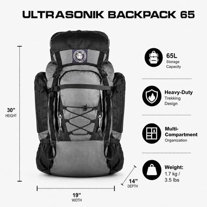 Stikage UltraSonik 65L Front Access Internal Frame Hiking Backpack for Men and Women – Lightweight Waterproof Trekking & Camping Backpack with Rain Cover, Hydration Bladder compatible