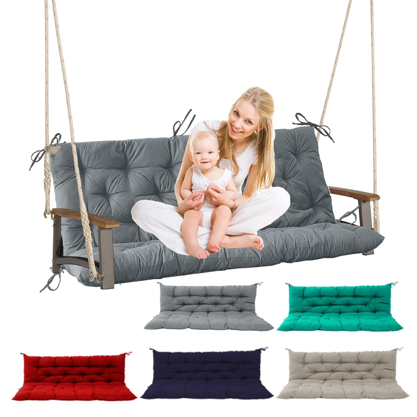 Outdoor Swing Cushions, 63inch Waterproof Three Seat Swing Replacement Cushions with Backrest and Ties, 4" Thicken Outdoor Porch Swing Cushions for Patio, Lawn and Garden (Light Gray, 40×63in)