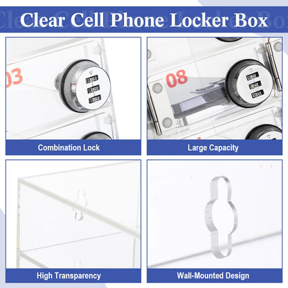 Reallnaive 15 Slots Cell Phone Locker with Combination Lock, Cell Phone Storage for Classroom, Clear Acrylic Storage Cabinet Bin, Wall Mounted for School Students Office Factory Employees