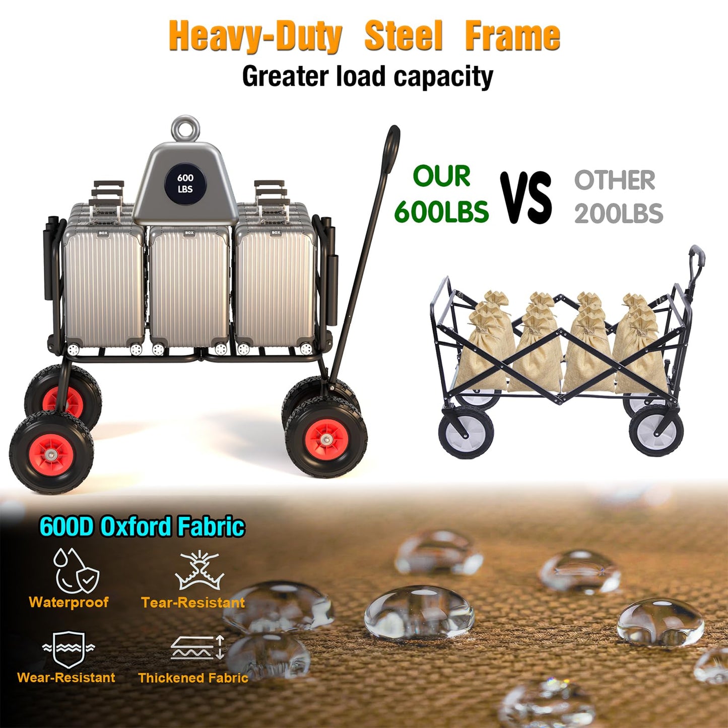 3 in 1 Beach Fishing Cart, Heavy Duty Garden Carts w/All Terrain Inflatable Tires, Folding Wagon Cart, Convert to Chair or Bench with Cushion, Rod Holders and Durable Oxford Bag