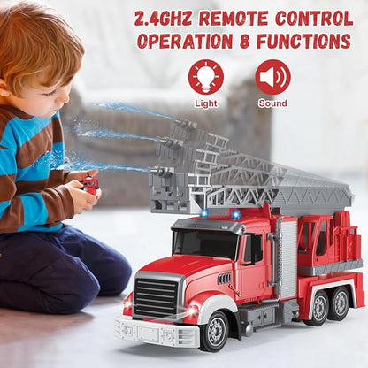 9 CH Remote Control Fire Truck Rc Fire Truck Toy Fire Truck with Lights Working Water Pump and Rotating Rescue Ladder 2.4G Firetruck Toy for Kids Boys Age 6-8 Gift