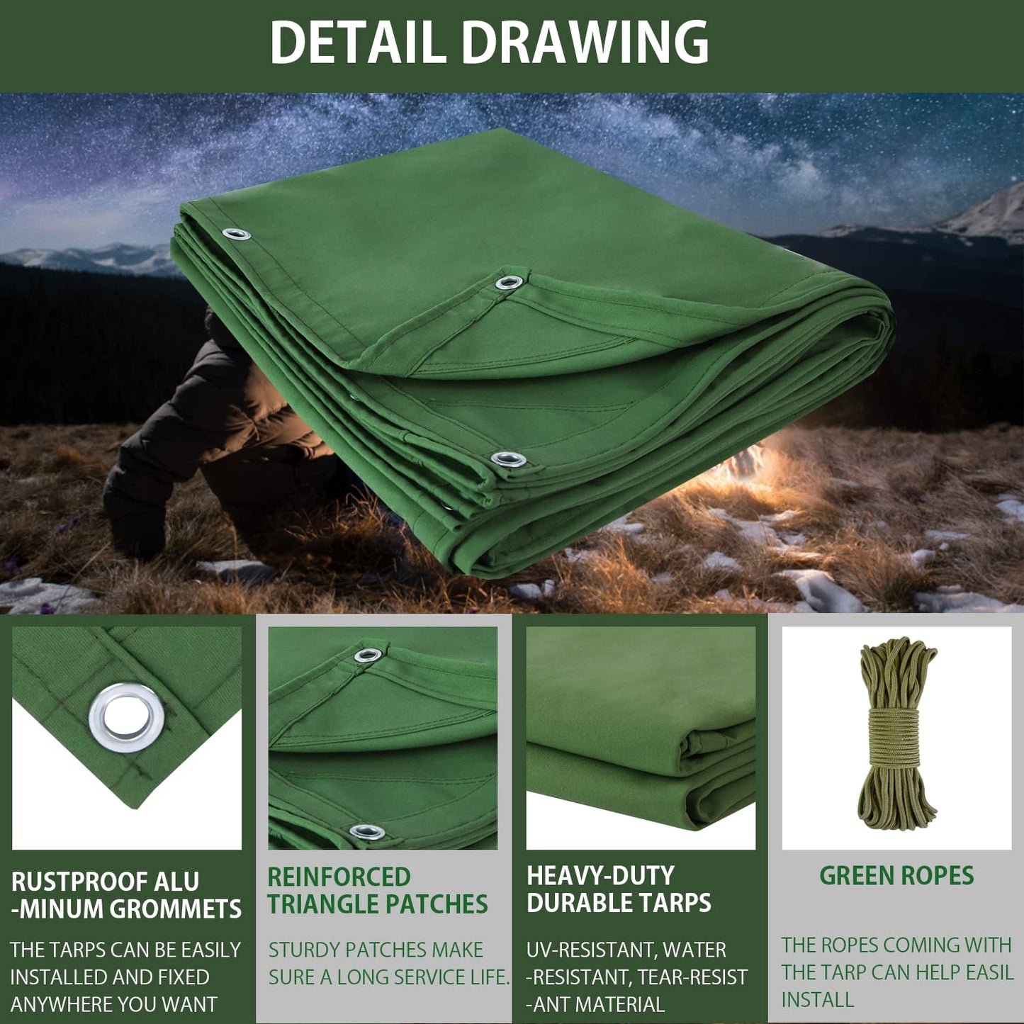 FoundGo Canvas Tarp 20x24ft Heavy Duty Waterresistant Tarps with Grommets, UV Resistant, 22 Mil Tarpaulin,14 oz Durable Cloth Covers for Car, Roof, Boat, Camp, Canopy, Woodpile with Ropes-Green