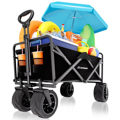 EchoSmile Heavy Duty 350 Lbs Capacity Collapsible Wagon, Outdoor Folding Camping Grocery Portable Utility Cart, Adjustable Rolling Carts, All Terrain Sports Wagon with Big Wheels (Black)