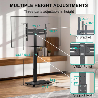 WALI Rolling TV Stand with Power Outlet, Mobile Tall TV Stand Mount on Wheels for 39-75 inch TV up to 110 lbs, Swivel Height Adjustable TV Cart with Wood Base for Bedroom(TVDVD-7PR), Black