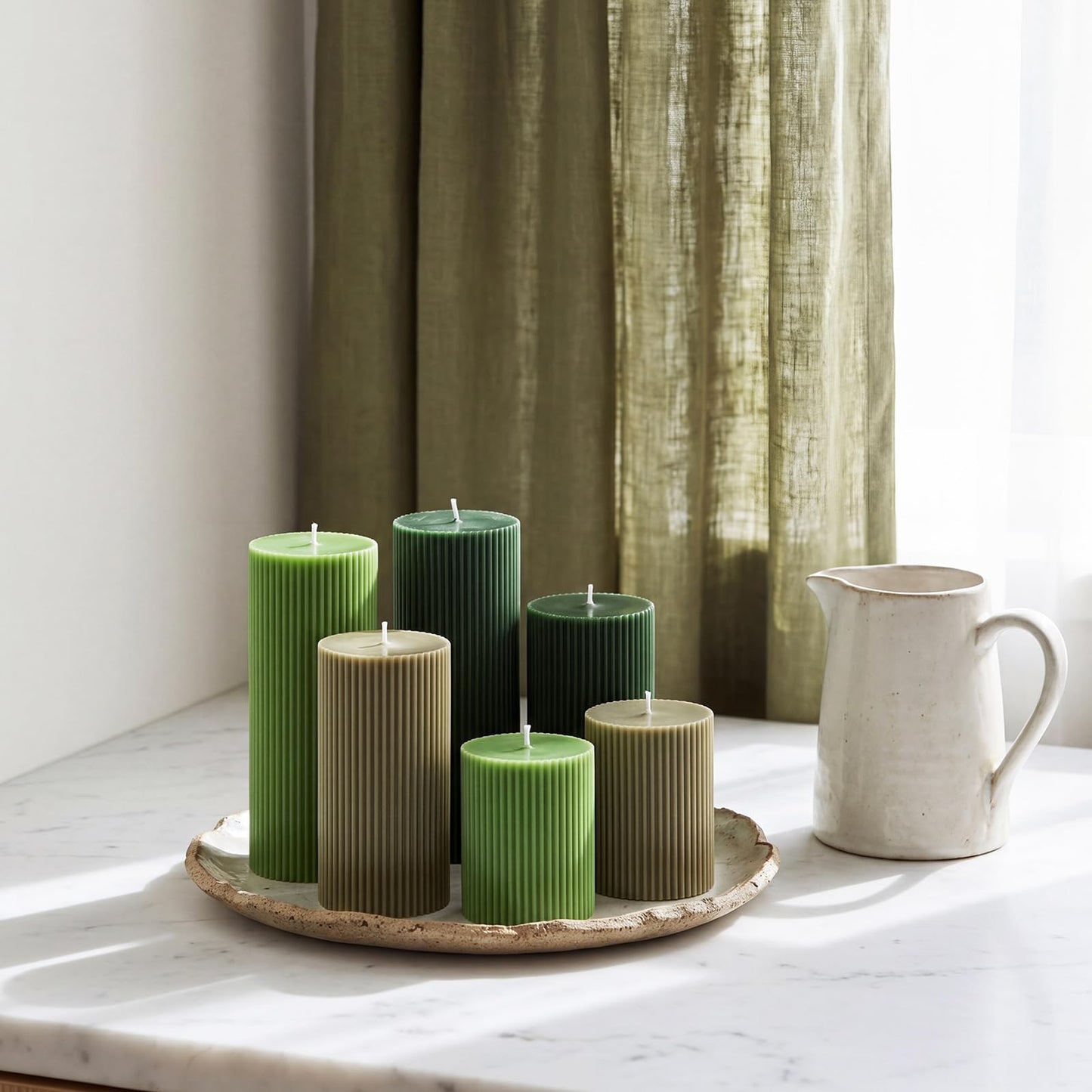 Lyrow 6 Pcs Ribbed Pillar Home Decorative Candles Aesthetic Modern Home Decor Soy Wax Unscented Pillar Candles Width 3" High 4" 6" 8" for Bathroom Living Room Wedding Dinner Party(Green)