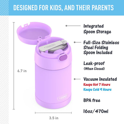 THERMOS FUNTAINER 16 Ounce Vacuum Insulated Food Jar - Stainless Steel with Folding Spoon | Neon Purple