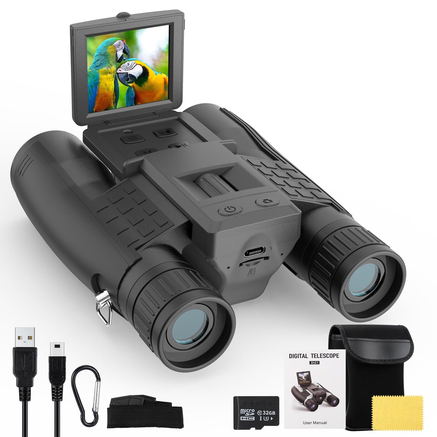 ZZSTAR Binoculars for Adults High Powered, 12x32 Binoculars with Camera, 2" LCD Display, 5MP 1080P Video Photo Recording, Large View for Bird Watching Hunting Travel with 32GB Card - Black