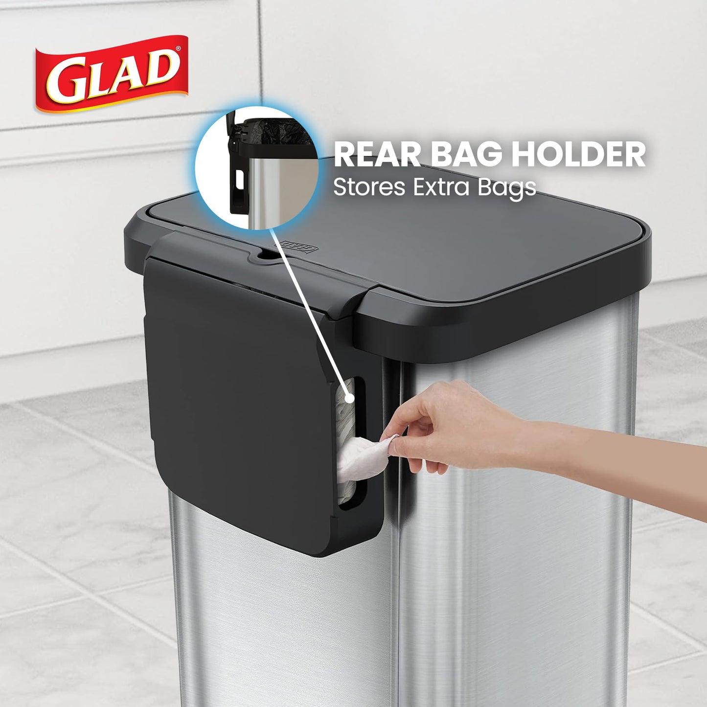 Glad Step Trash Can, Soft Close Lid Bin with Odor Protection, 20 Gal, Stainless